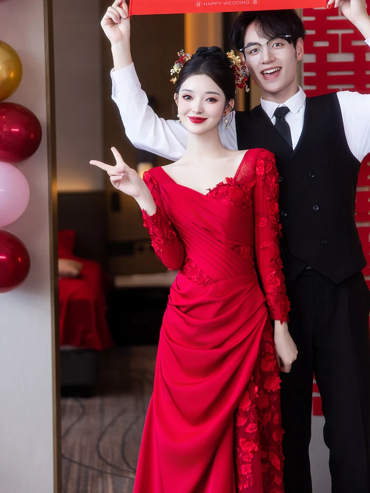 

Red Fi Tail Wedding Dr Ele Long Sve Engagement Evening Gown New 2025 High-End Aosphere Bride Dr