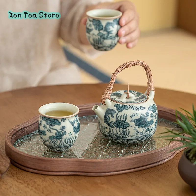 Beige Glaze Fish Algae Pattern Blue And White Ceramic Pot Household Single Pot Teapot Large Capacity Beam Teapot