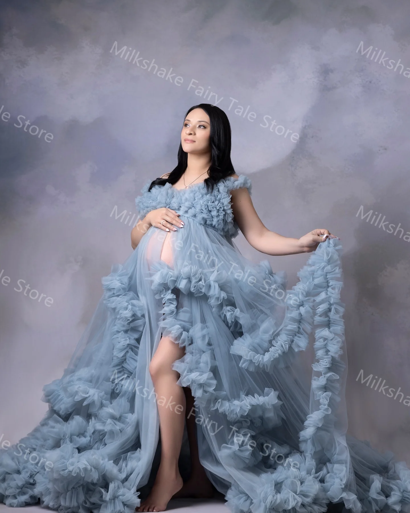 Glamorous Blue Maternity Robes for Photography Tiered Ruffles Pregnant Women Dresses Customized Front Split Baby Shower Gowns