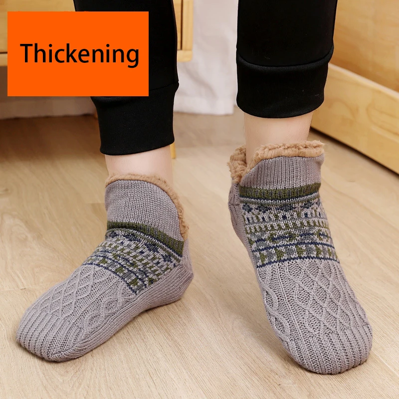 Winter Indoor Home Slippers Socks Men\'s Floor Socks Knitted Adult Plus Fleece Carpet Sock Home Bedroom Sleeping Sock Non-slip