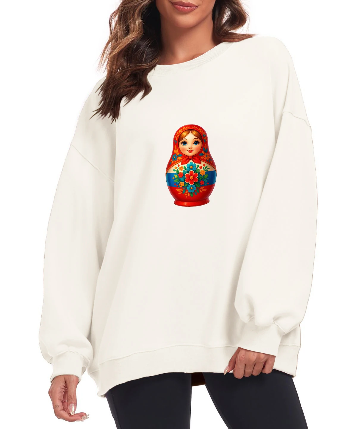 เสื้อสเวตเตอร์ผู้หญิงคอกลมกำมะหยี่ฤดูหนาวลำลอง ‌ ตุ๊กตาแมทริออชก้า ‌   เสื้อพิมพ์ลายตุ๊กตา เสื้อผ้าผู้หญิง เสื้อยืดลำลอง เสื้อท็อป