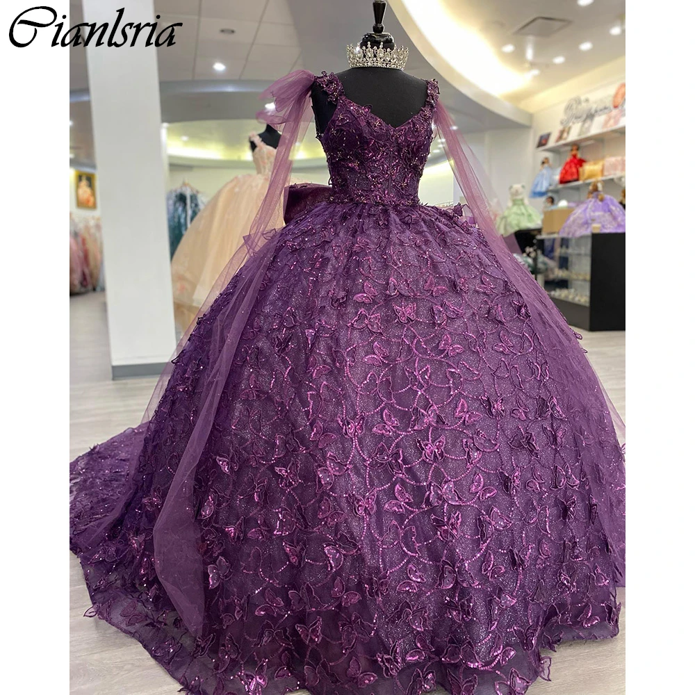 Vestido De baile De quinceañera con lentejuelas púrpuras, cintas De encaje, hombros descubiertos, corsé con lazo De mariposa 3D, 15 Años