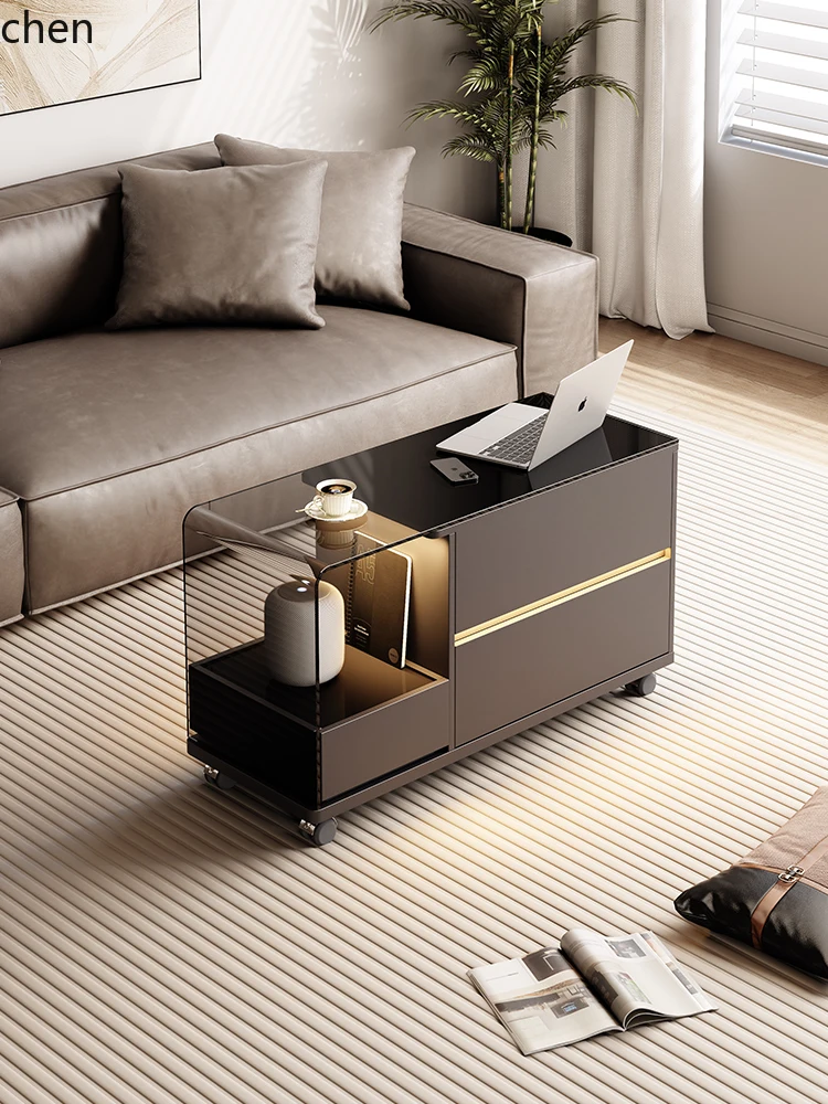 HT  Minimalist Coffee Table Living Room Light Luxury High-end Feel Movable Side Cabinet