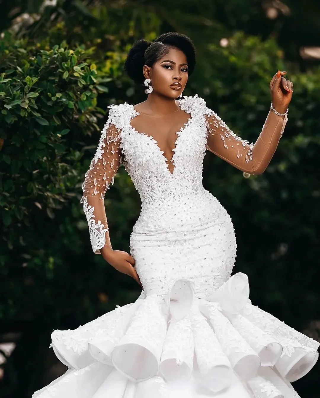 Customized Plus Size Mermaid Wedding Dress Bridal Gowns For Bride Long Sleeves Tiered Sheer Illusion Long Sleeves Beaded