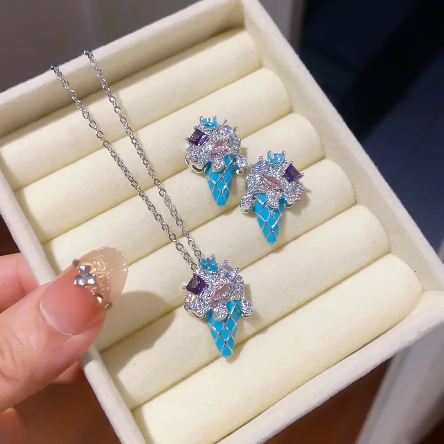 Cute Ice‑Cream Shape Pendant Necklace earring set for women Colorful Rhinestone Enamel Sweet Party Fashion Jewelry Sets Gift