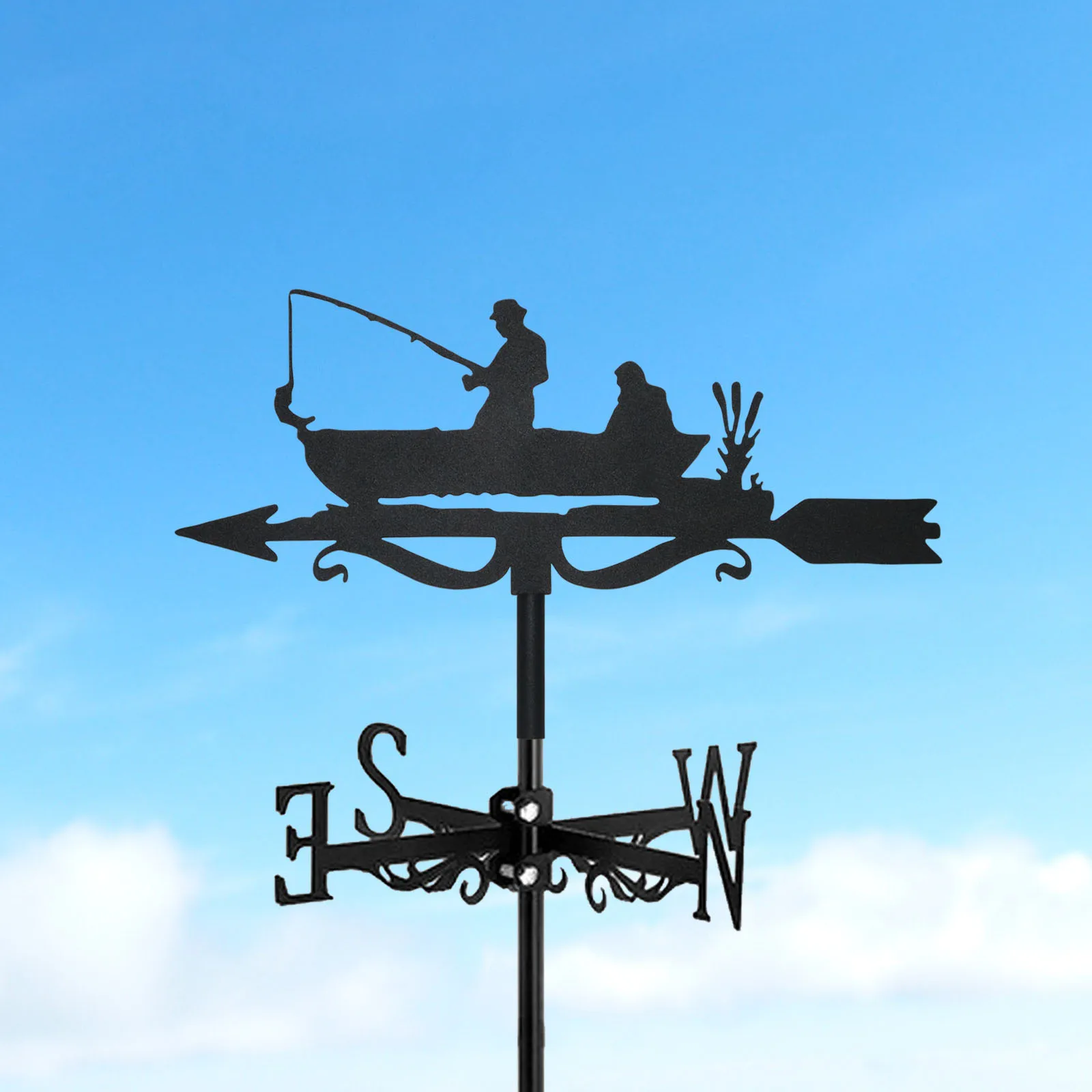 Boat Fishing Weathervane Silhouette Art Black Metal Wind Vanes Outdoors Decorations Garden For Roof Yard Building