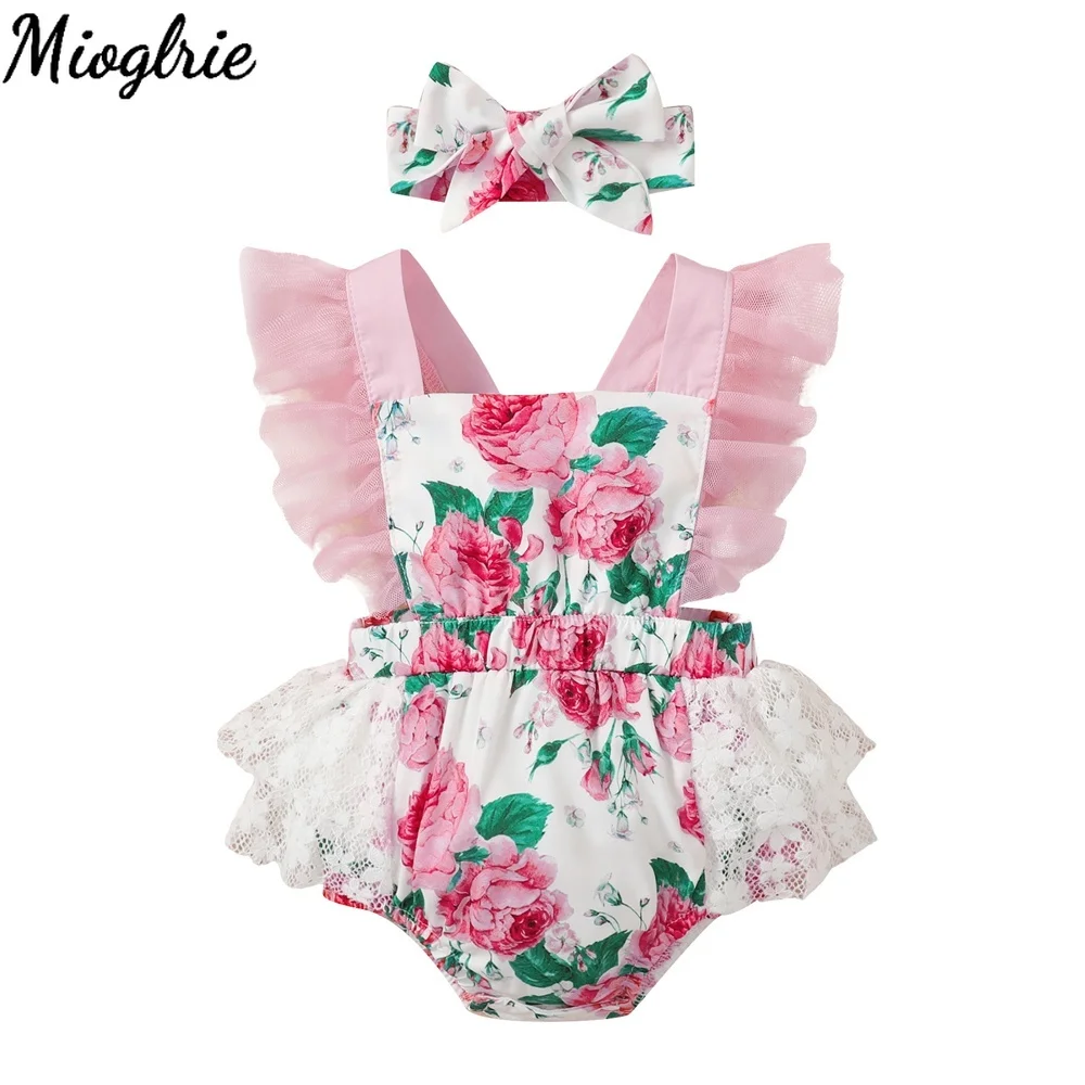 

Newborn Baby Girl Jumpsuit Baby girl clothing Flowers Lace Fly Sleeve Lovely Jumpsuit Clothes with Headband 2PCS Outfit Clothing