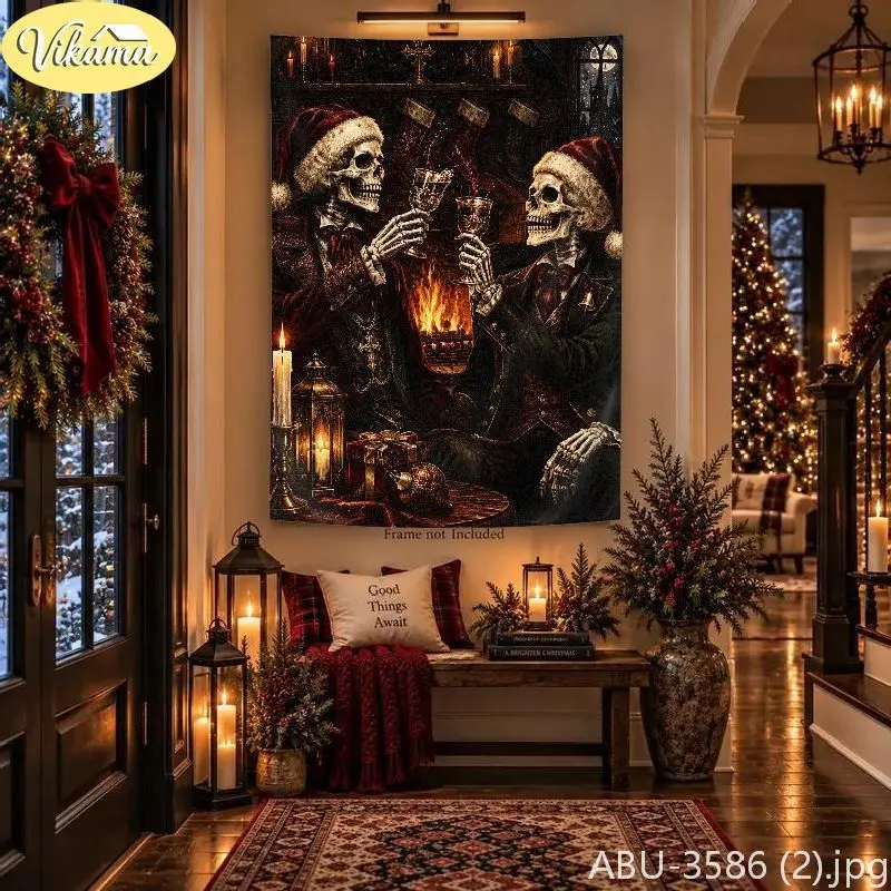 VIKAMA Dark Santa Skeleton Steampunk Antique Key Wall Tapestry Noir Victorian Gear Clockwork Festive Room Home Decor Artistic