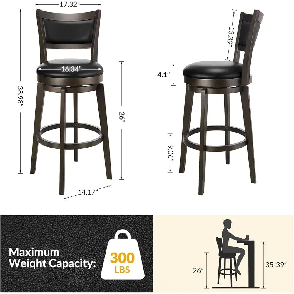 Swivel Bar Stools Set of 4 Counter Height Black Faux Leather High Back Ergonomic Kitchen Chairs 360 Degree Rotation Durable