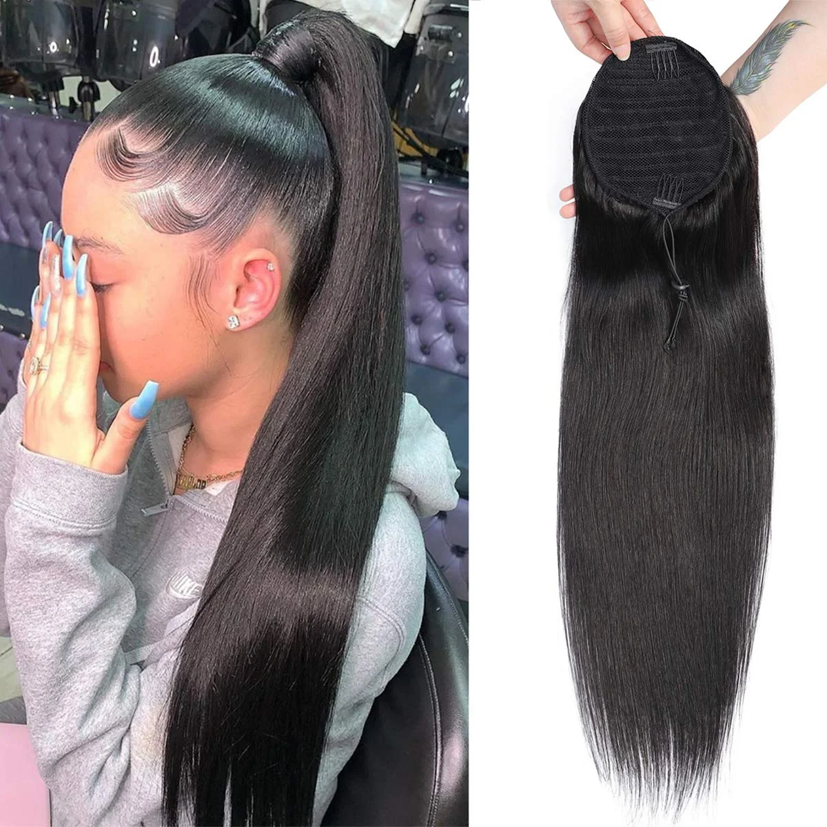 Straight Drawstring Ponytail Human Hair Extension Straight Human Hair Ponytail Natural Looking Horsetail