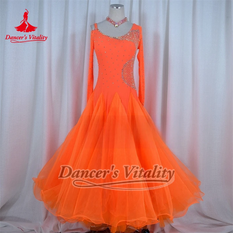 大人の社交ダンス オレンジ AB ストーンズ ビッグスイングドレス ハイエンド カスタマイズ 大人のワルツ フォックストロット タンゴ服 ダンサーの活力