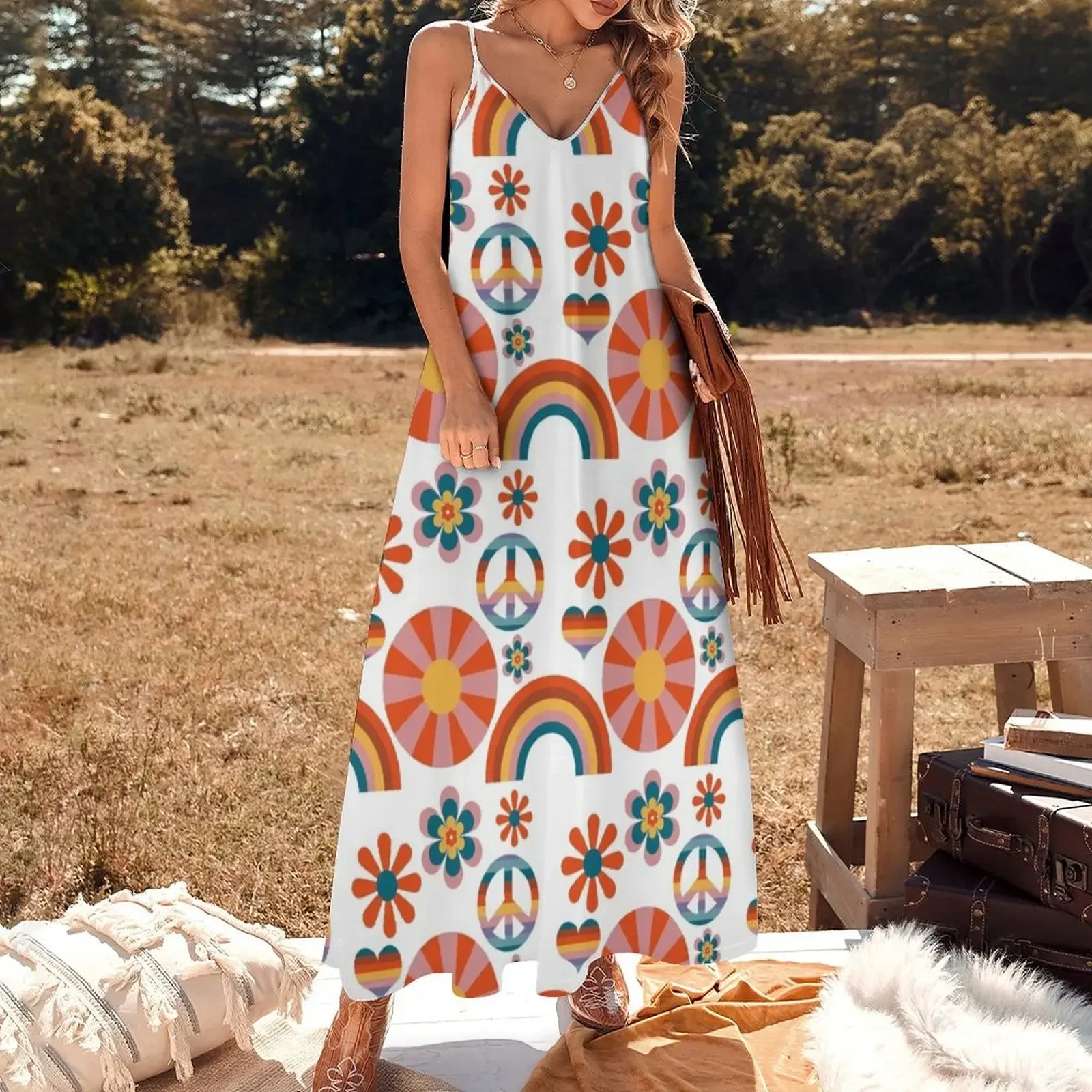 70's Rainbow Sleeveless Dress elegant women's dresses sale prom dresses 2024 Dress vintage