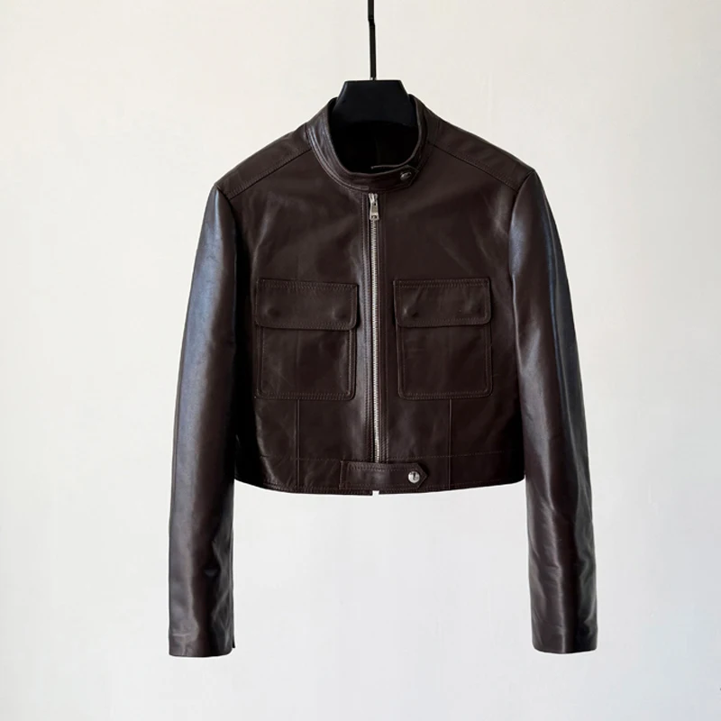 Mode col montant femmes a-livre en peau de mouton Moto vestes manteau rétro huile cire cuir coupe ajustée femme en cuir véritable veste hauts