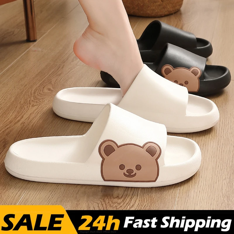 Summer Women Men Cartoon Bear Slippers Beach Slides Flip Flops Men Shoes Thick Sole Home Bathroom Anti-Slip Shoes Couple Sandals