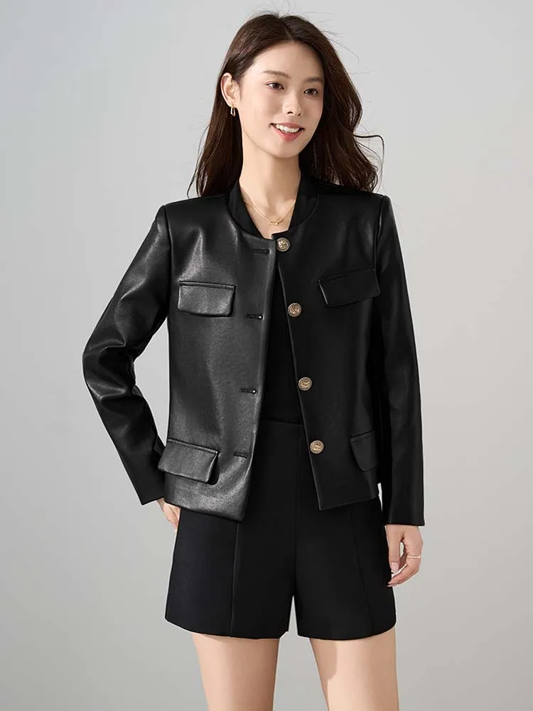 Borgoña mujer primavera otoño cuello redondo chaqueta de piel sintética Oficina señora chaqueta de motocicleta de un solo pecho abrigo de PU 2025 INKEO 5O075