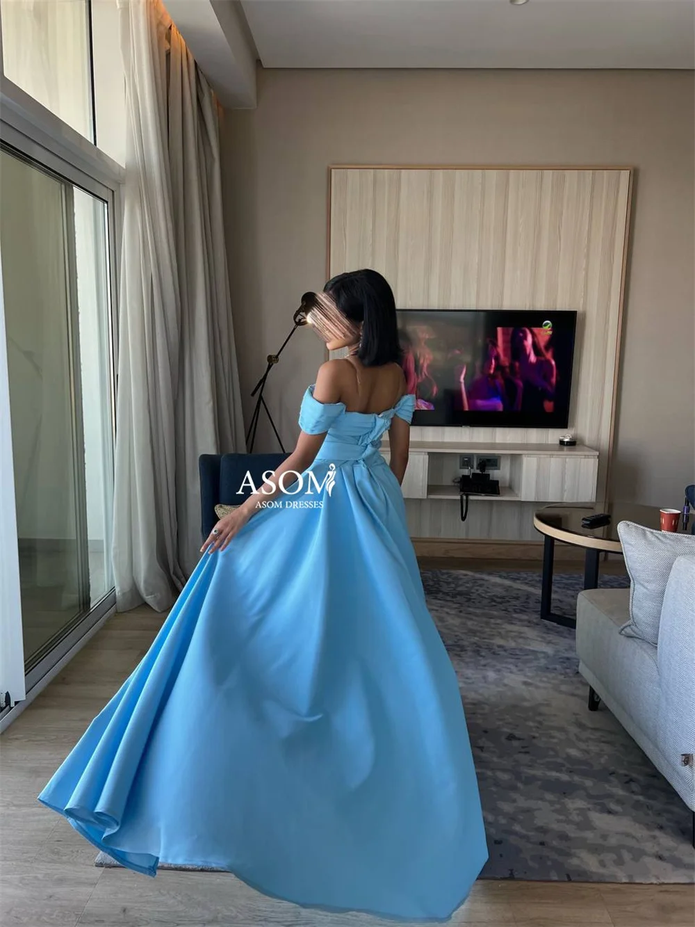 Bella Blue Satin Prom Dresses Off the Shoulder Mermaid فساتين سهرة Elegant Floor-length Detachable Train Vestidos De Fiesta 2024