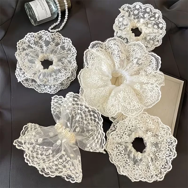 4pcs White Lace Daisy Clover Vine Mesh Hair Ties for Rustic Beach Camping Delicate Hairstyles Pack of 4