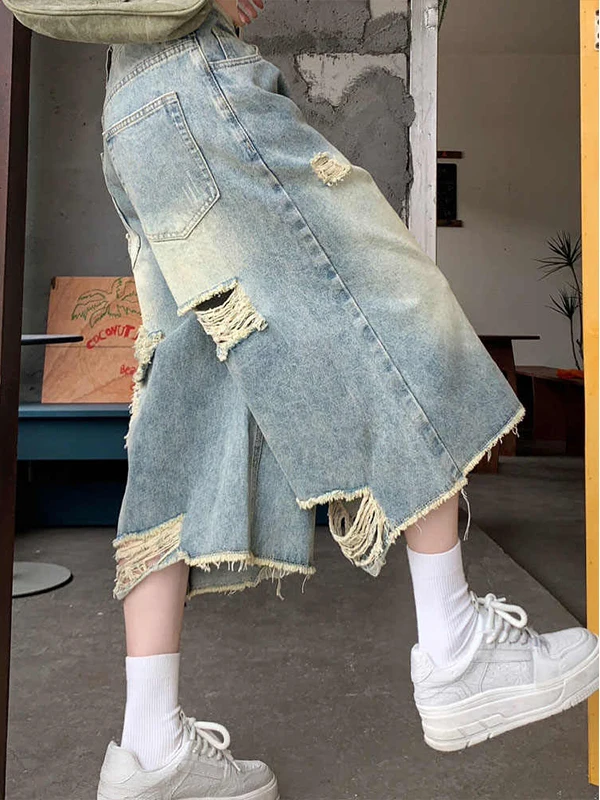 

American Style Ripped Hem Seven-Foot Women's Jeans Summer Wide Leg Design Sense Eight-Foot Middle Pants Straight Treet Short ...
