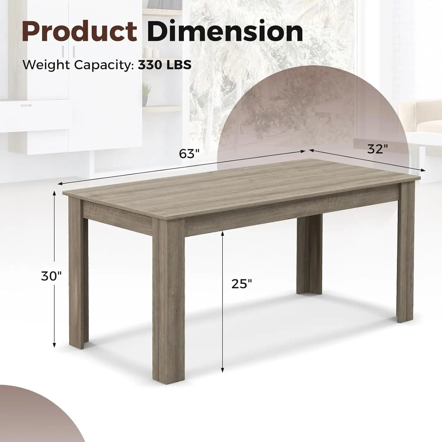 Dining Table, Modern Dining Room Table for 4-6 People, 63" Rectangular Dinner Table w/Heavy Duty Legs, Spacious Desktop, Farmhou