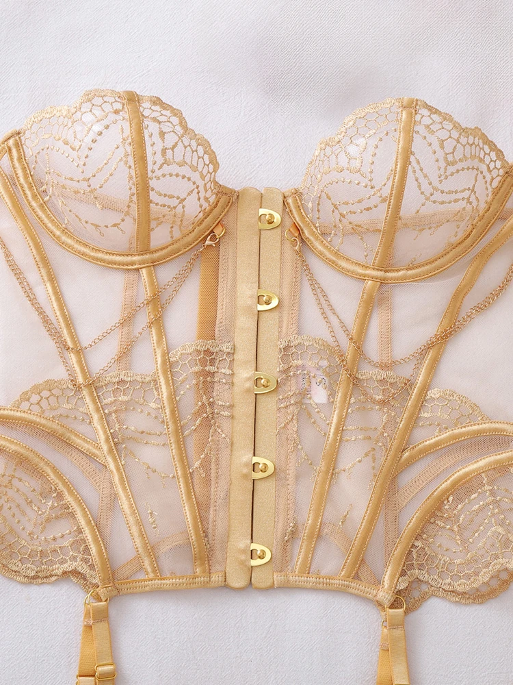 Luxury Embroidered See-through Lingerie 3Pcs Set Women Bone Corset Shapewear Slim Sexy Underwear Club Party Fashion Outfit