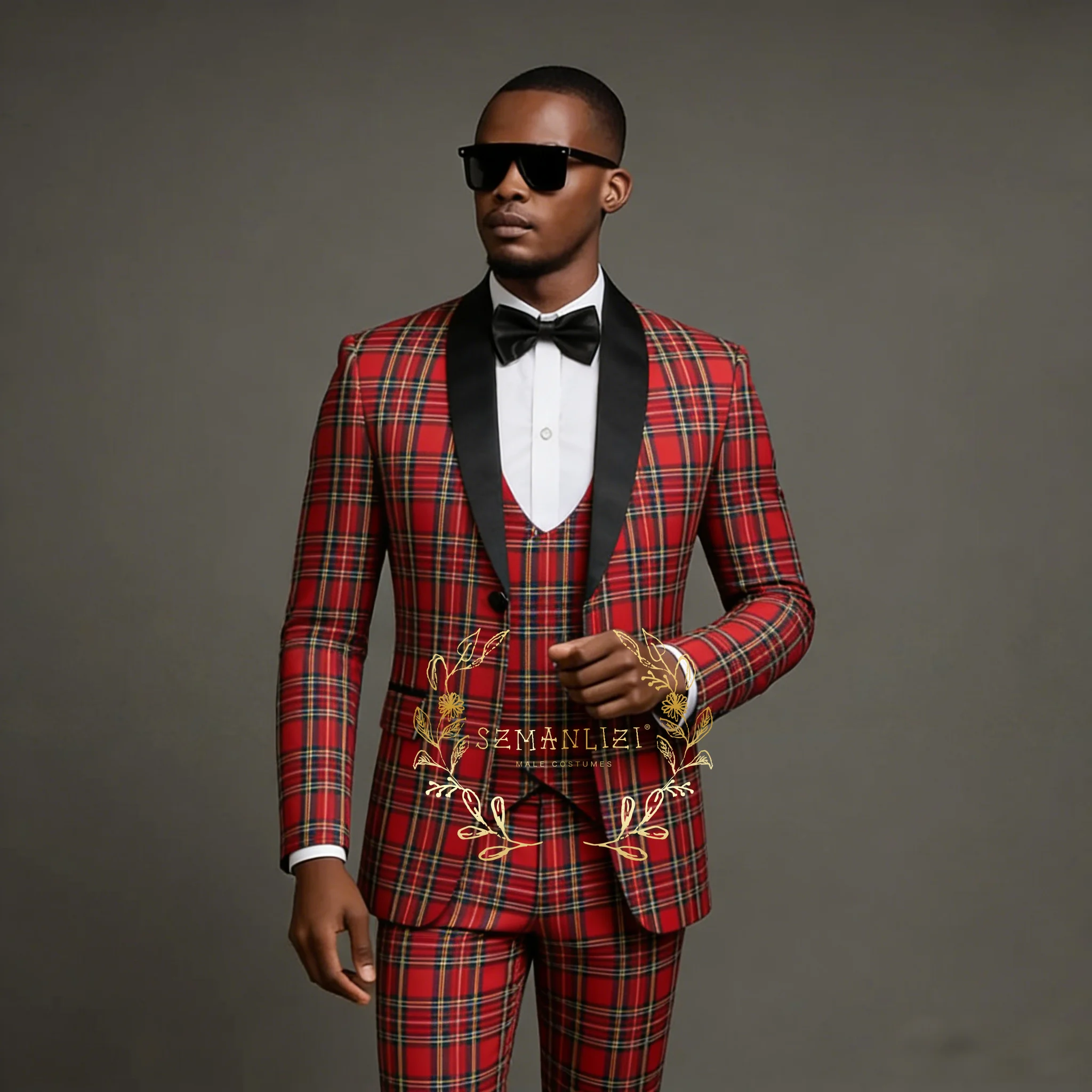 

Luxury Italian Men's Red Plaid Suits Double Breasted Shawl Lapel 3 Piece Blazer Vest Pants Set For Wedding Prom Evening Party