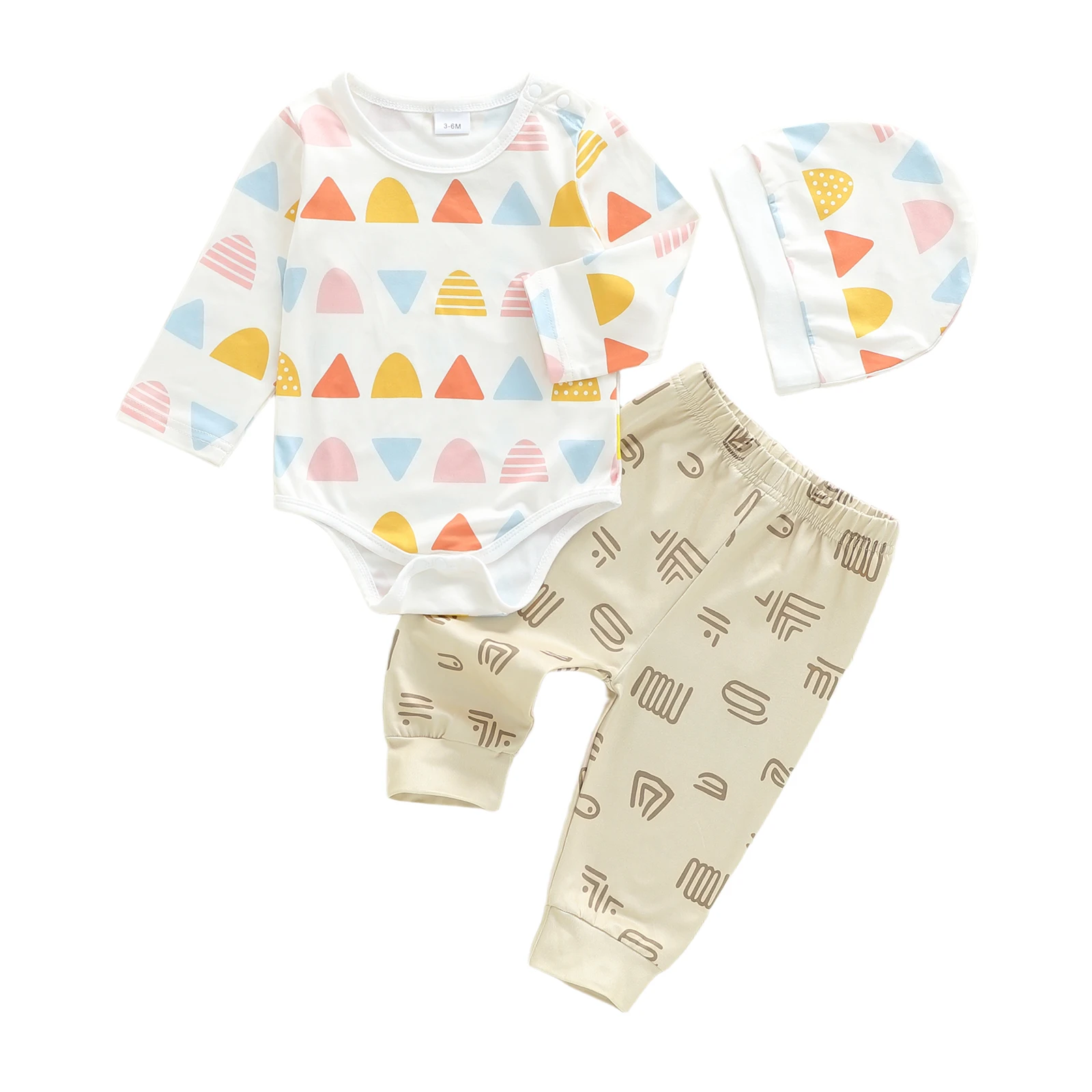Baby Boys Pants Set, Long Sleeve Crew Neck Geometric Romper with Sweatpants and Hat Fall Outfit