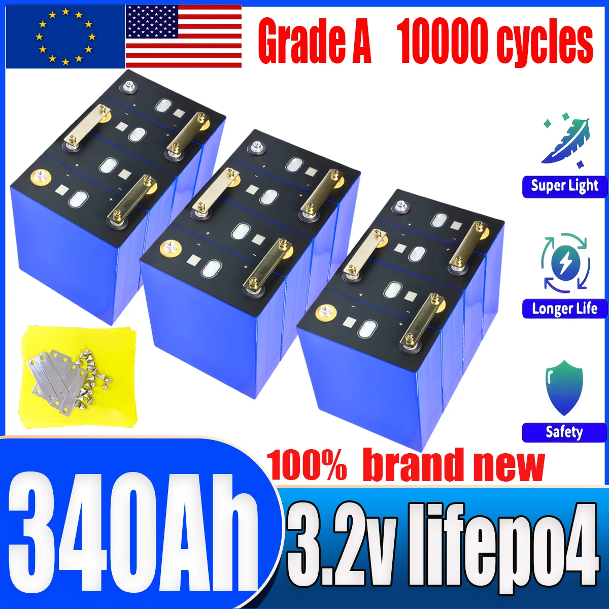 

16 шт. новый аккумулятор A-класса 3,2 В 320 Ач 340 Ач Lifepo4 DIY 48 В литий-железо-фосфатный аккумулятор для гольф-кара класса A 3C