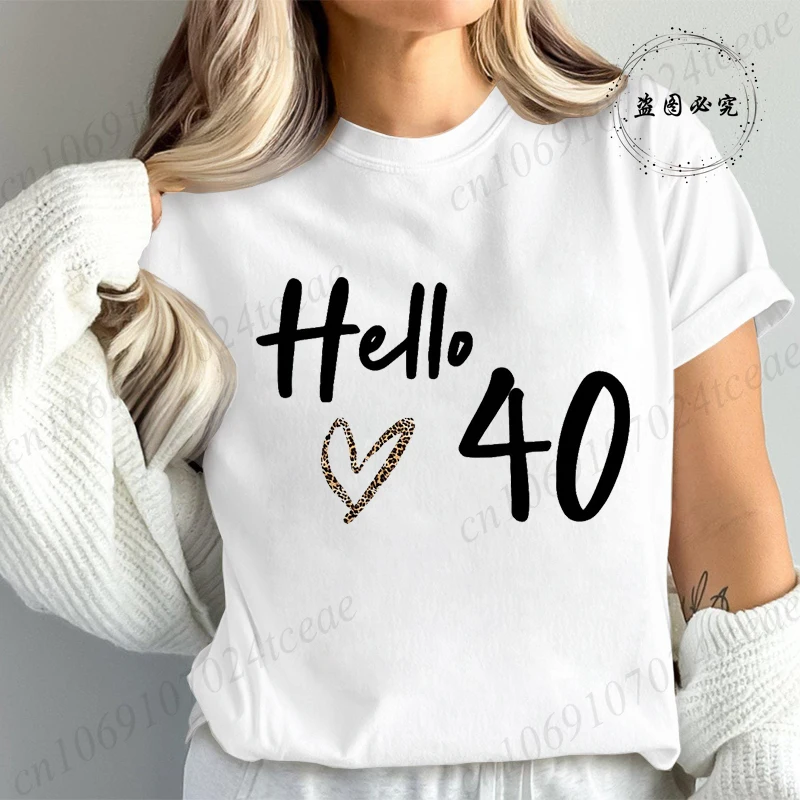 Women's Hello 40 Birthday Graphic T-shirts Short Sleeve Tee Shirt Clothing Leopard Print Women's T-Shirts Aesthetic Streetwear