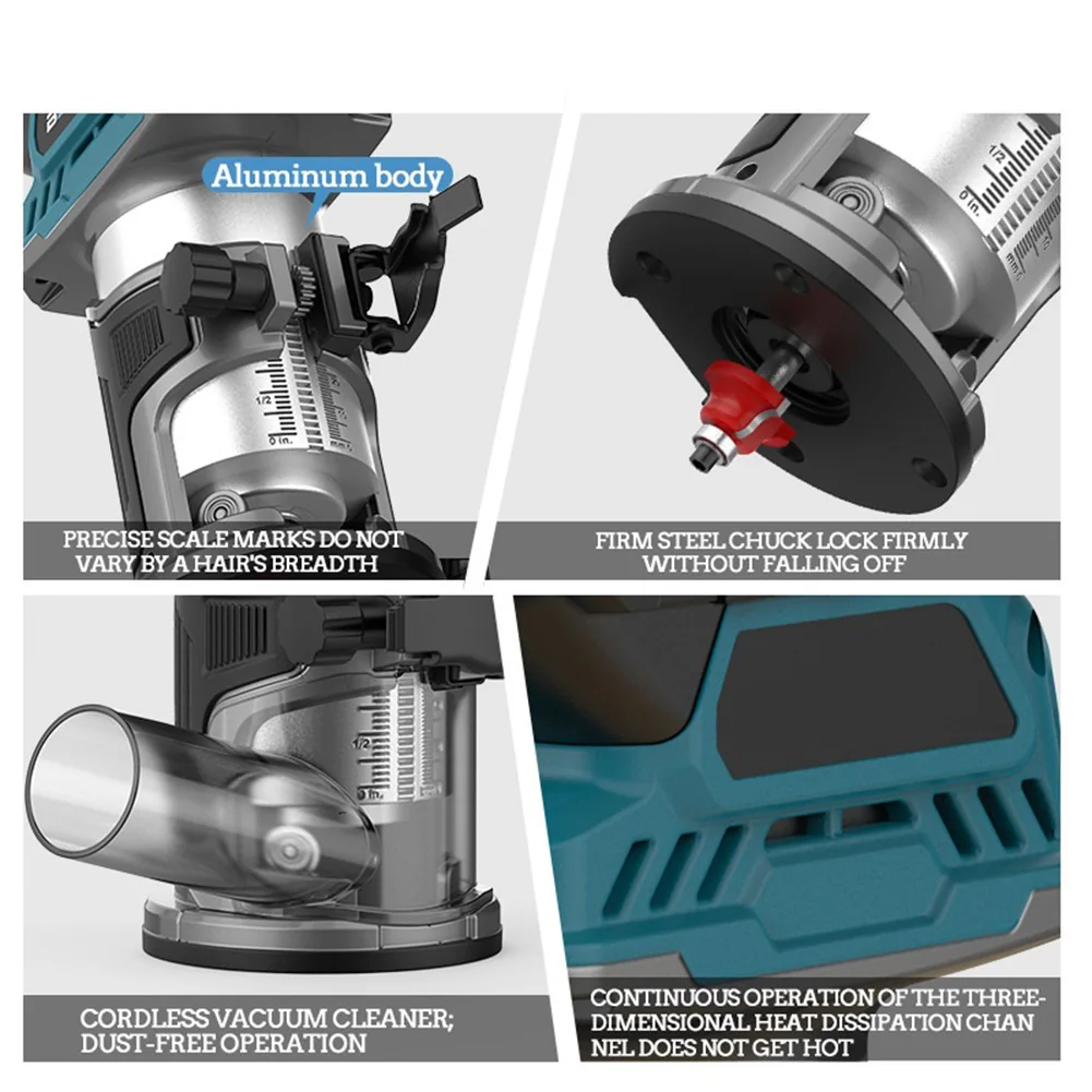 

Variable Speed Router Cordless Wood Router For Woodworking Projects Rack And Pinion Depth Mechanism Collets 6mm 6.35mm 14mm