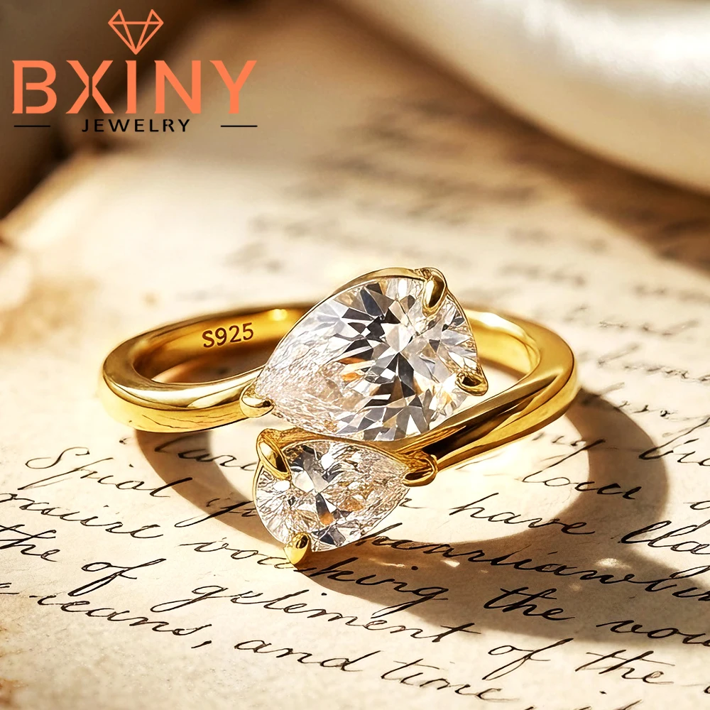 

BXINY 2-Stone Pear Cut Moissanite Ring 925 Sterling Silver Plated 18K Gold WaterDrop Diamond for Women Wedding Band Gift Jewelry