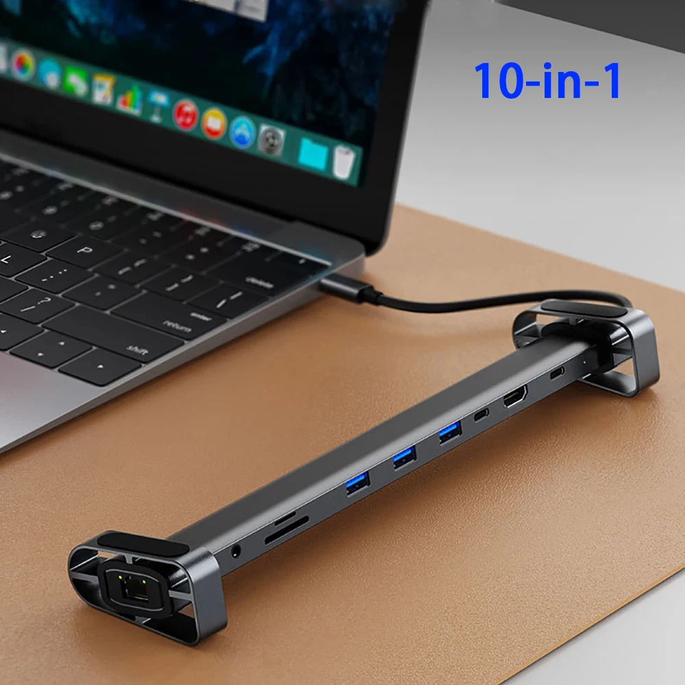 10 In 1 Foldable Usb C Hub Laptop Stand Rj45 Lan 4K 30Hz Hdmi-compatible Pd 100W Usb3.0 Sd Tf Card Reader For Macbook Notebook