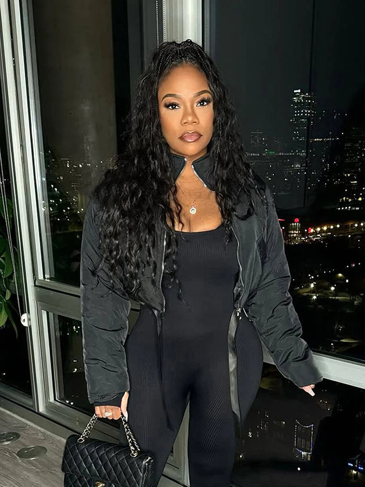 

Nibber Ribbon Winter Warm Zip Crop Jacket Women Pocket Turtleneck Full Sleeve High Street Hipster Basic Puffer Quilted Parkas