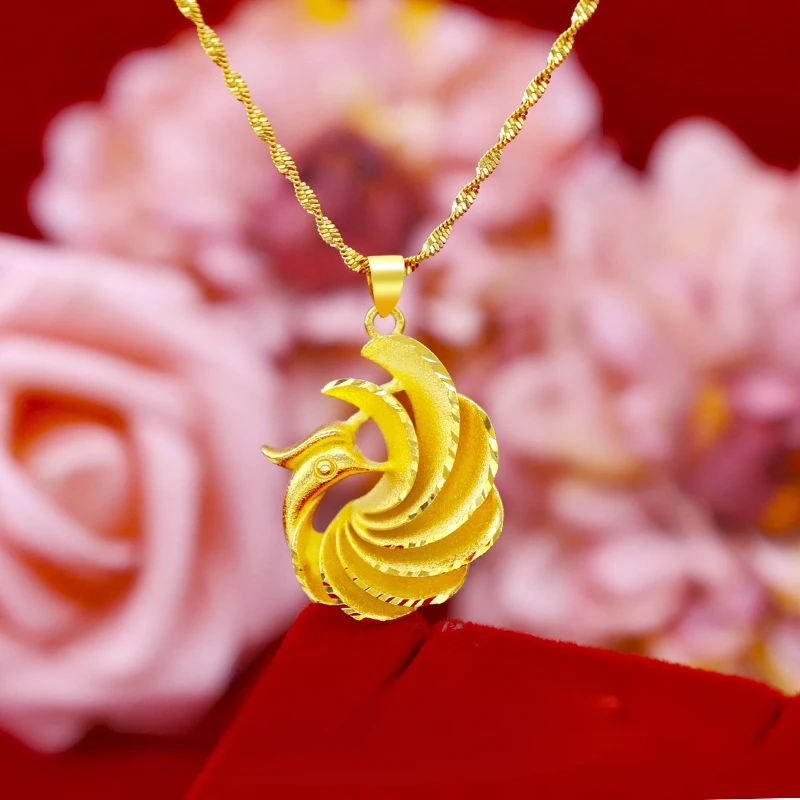 24K Solid Gold 999 Fine Gold Peacock Pendant Necklace For Women  Vintage Retro Choker Chain Fashion Jewelry