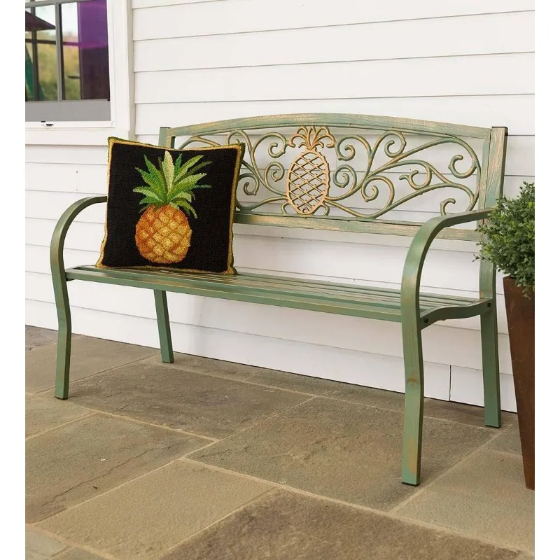 Plow & Hearth Weatherproof Pineapple Outdoor Bench | Holds Up to 300 lbs | Garden Patio Porch Park Deck, Metal ,Green