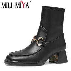 MILI-MIYA Concise Design Women Cow Leather Ankle Boots Thick Heels Solid Color Round Toe Zippers Metal Decoration Plus Size 46