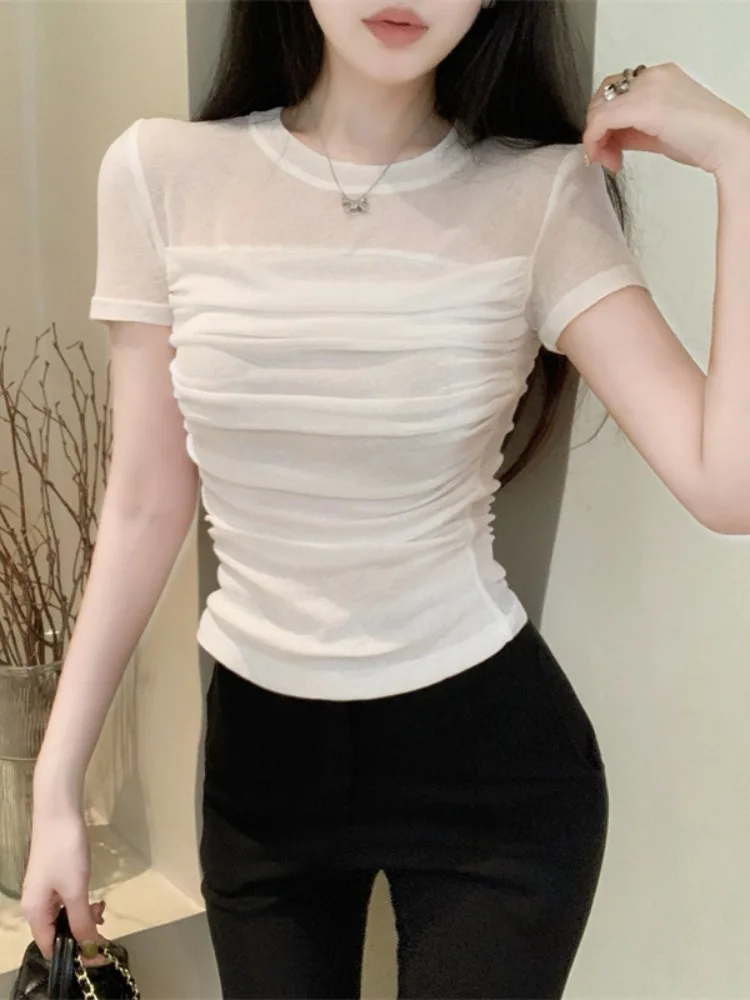

Slim Fit round Neck Knitwear Short Sleeve Women's Shirt Pleated Sexy Spicy Girl Tight T-Shirt Korean Style Commute Wind Summer