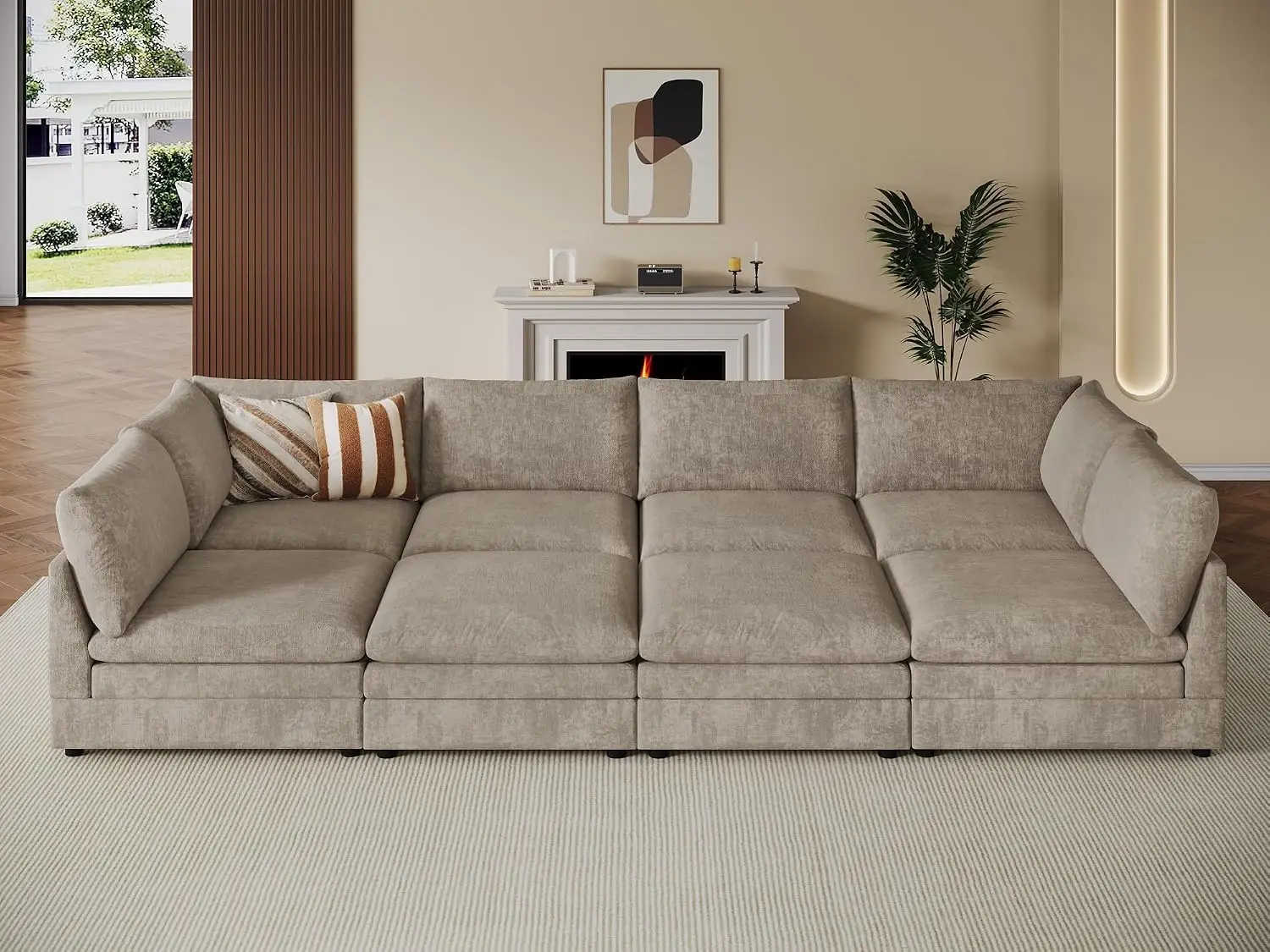 Large Modular Sectional Sofa with Ottoman, Light Brown, Customized