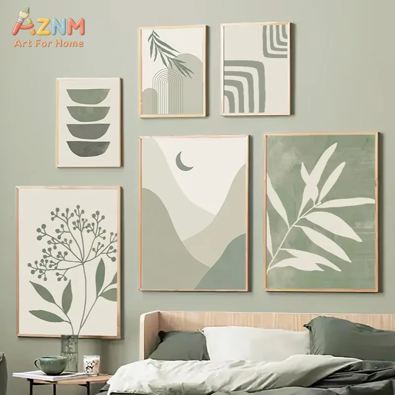 AZNM Sage Green Boho Abstract Canvas Poster Frameless Wall Art Botanical Leaf Mountain Moon Line Rainbow Geometric Print For Neu
