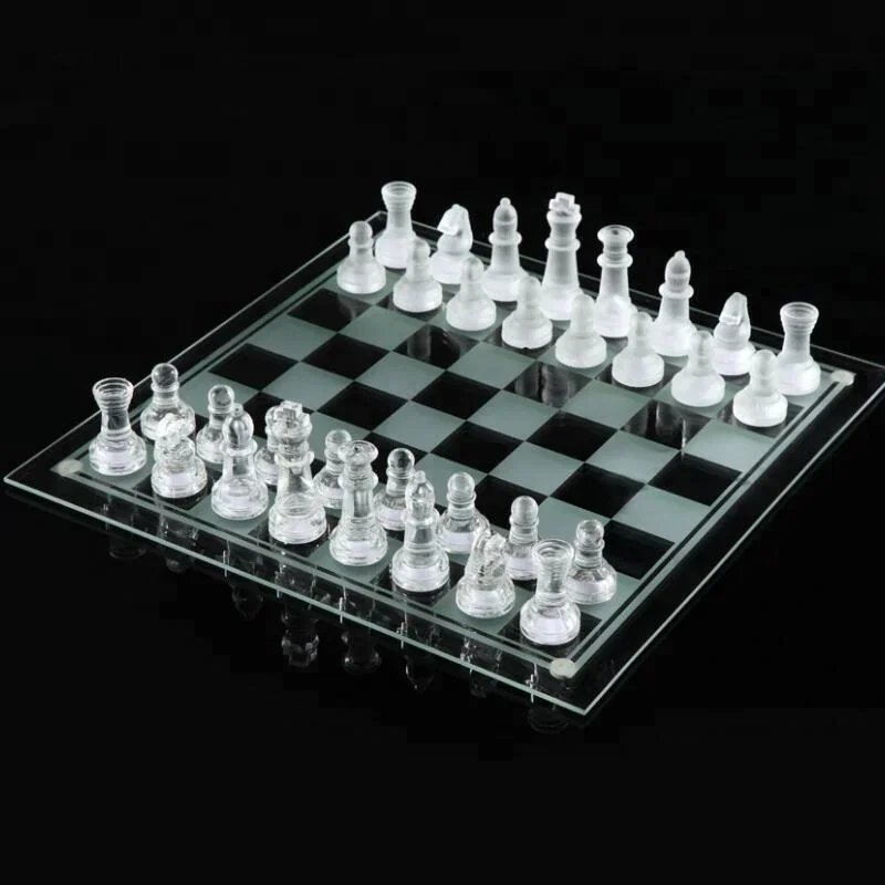 Glass Chess Set and Checker Board Elegant White and Frosted Pieces 7.5