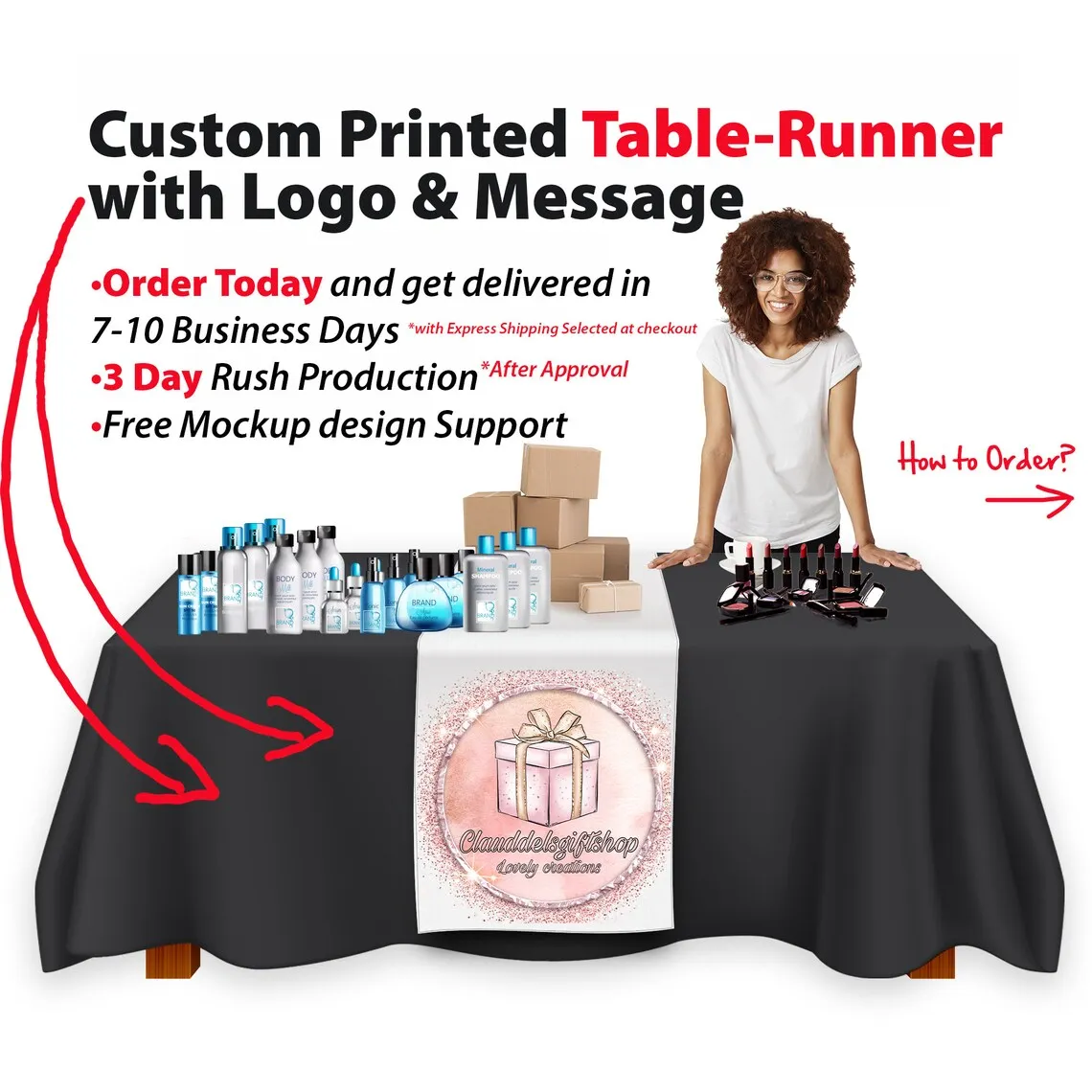 Custom Jewelry Table Runner with Monogram Banner, Table Runner, Pop Up Shop Craft Show and Vendor Event Sign, Custom