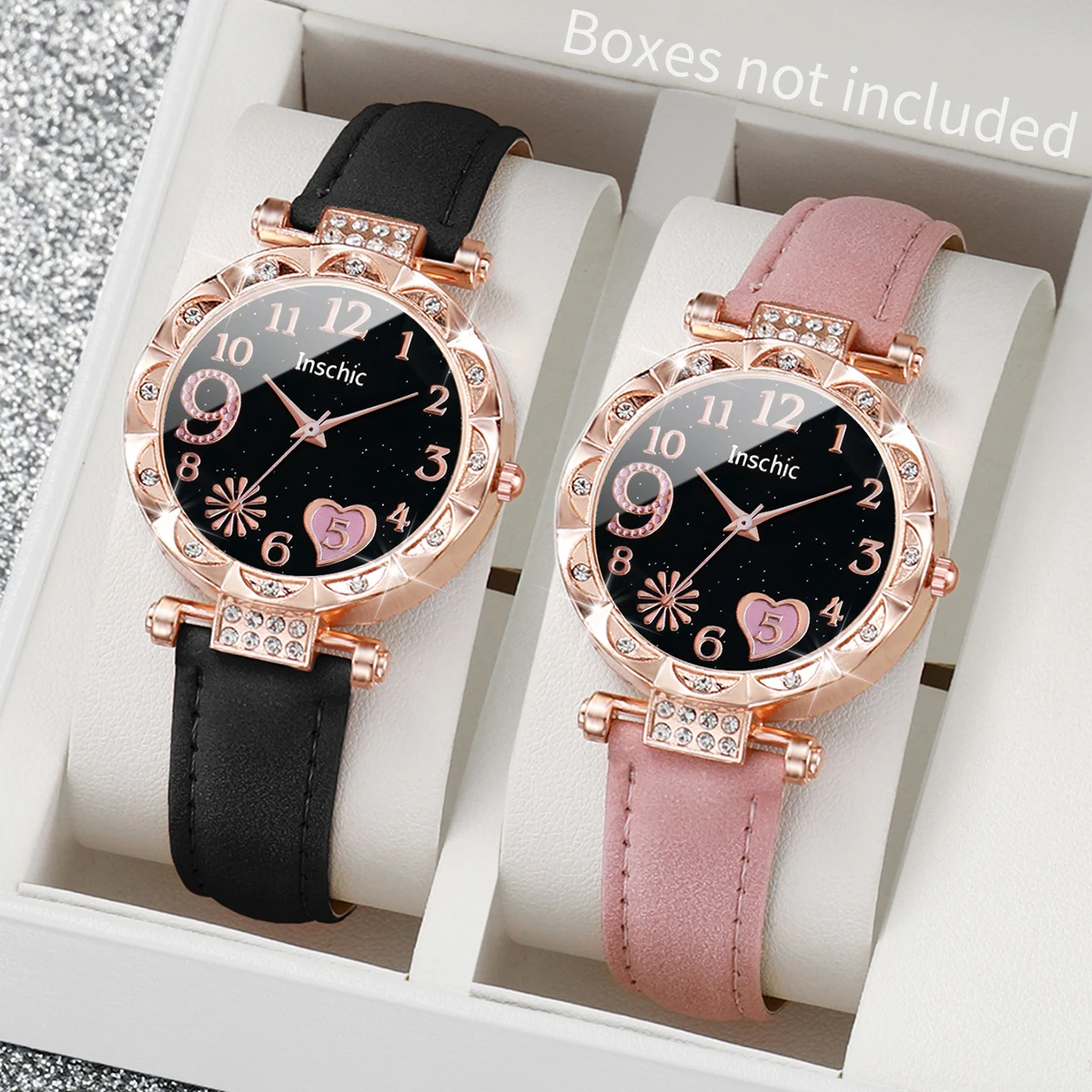 2PCs/Set Ins Style Women's Watch Love Dial Black Pink Belt Watch