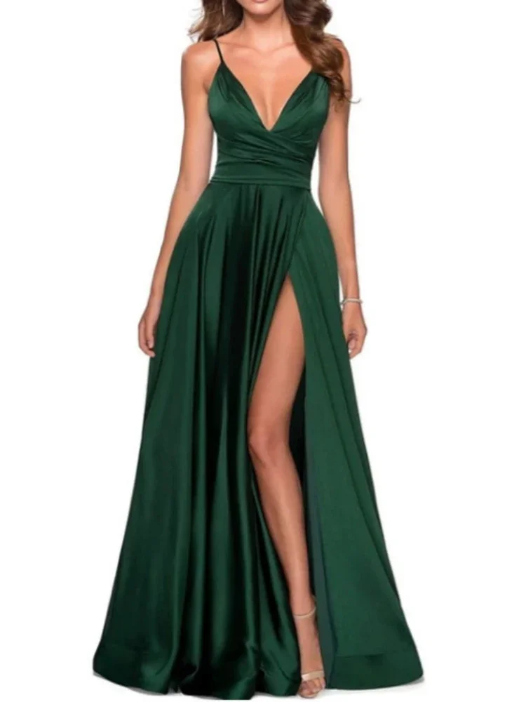 Customized Sexy Spaghetti Straps Deep V Neck Temperament Evening Dress Slim Waist A-line Solid Bridesmaid Gown Elegant Hoigh Spl