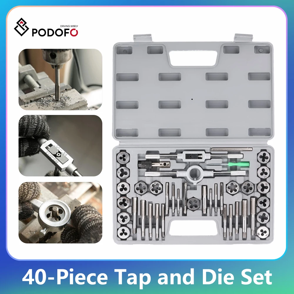 Jeu de tarauds et filières Podofo 40 pièces M3 à M12, tarauds et filières métriques en acier pour travaux de mécanique et réparation