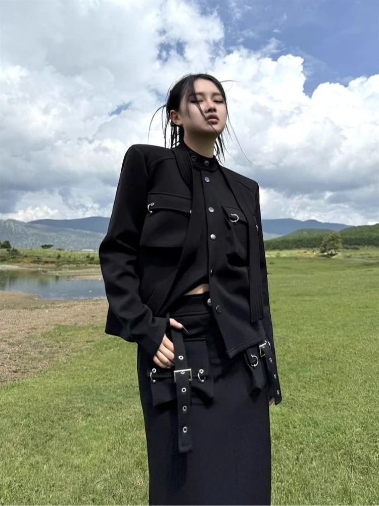 Women's Black Edgy Gothic Set - Maxi Skirt with Metal Buckles & Cropped Cargo Jacket, Vintage Punk Streetwear for Spring Autumn