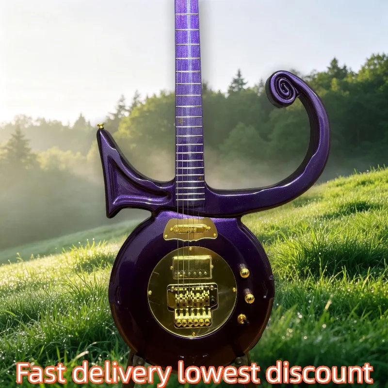 Hot Sales Metallic Purple Prince Unique Shape 6 String Electric Guitar HH Pickups Tremolo Bridge Stage Show Guitar Beginner