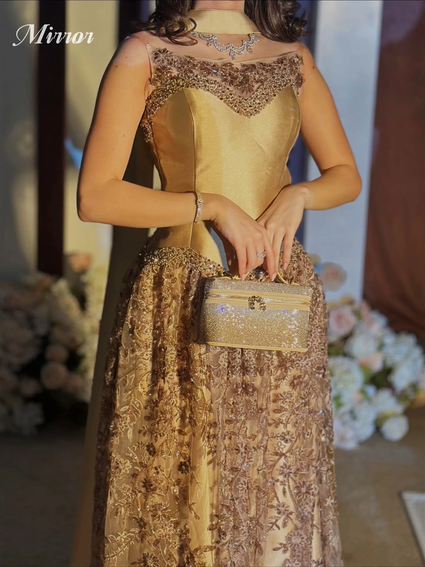 Spiegelkleid, elegant, Vintage, süße Goldperlen, Spitze, Prinzessinnenband, individuell anpassbar, für formelle Anlässe, Abschlussballkleid, Abendparty-Kleider