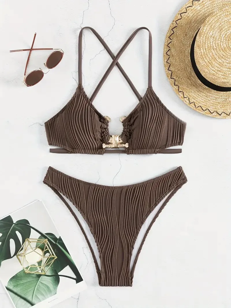 2024 Sexy High Waist Solid Bikini Push Up Swimwear Women Swimsuit Female Two Pieces Beachwear Metal Accessories Bathing Suits