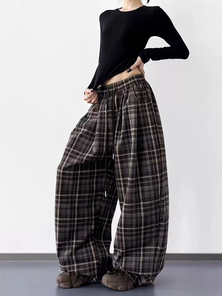 

Винтажные клетчатые широкие брюки, женские зимние толстые свободные повседневные брюки на шнурке Y2K, уличная одежда с высокой талией, прямые брюки женские