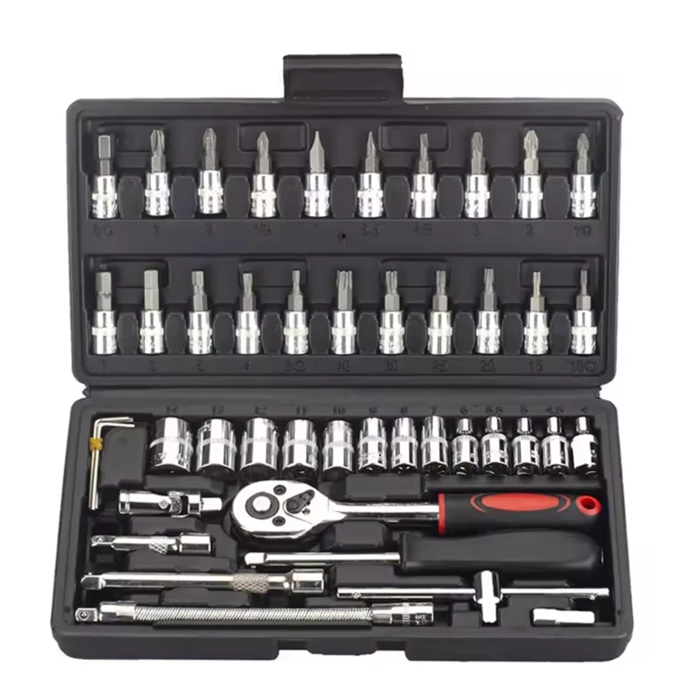 

46 Car Repair 1/4-Inch Pieces Drive Socket Ratchet Wrench Set, With Bit Socket Set, Metric And Extension Bar For Auto Repairing