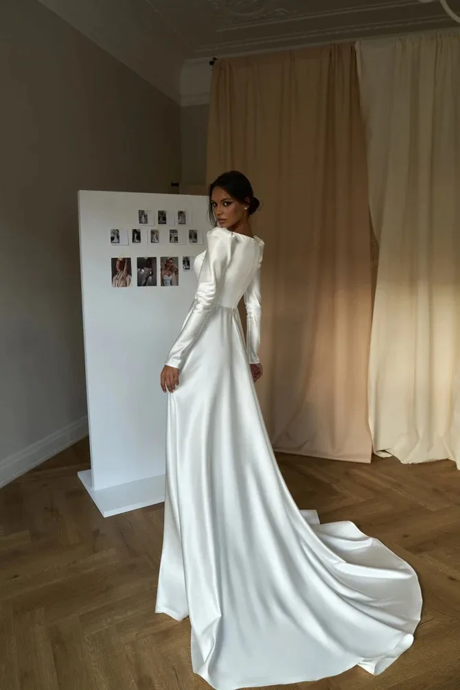 Simple Long Sleeve Wedding Dress 2024 Graceful Satin Bride Gown Luxurious A-line Floor-Length Bride Robe Vestidos De Novia